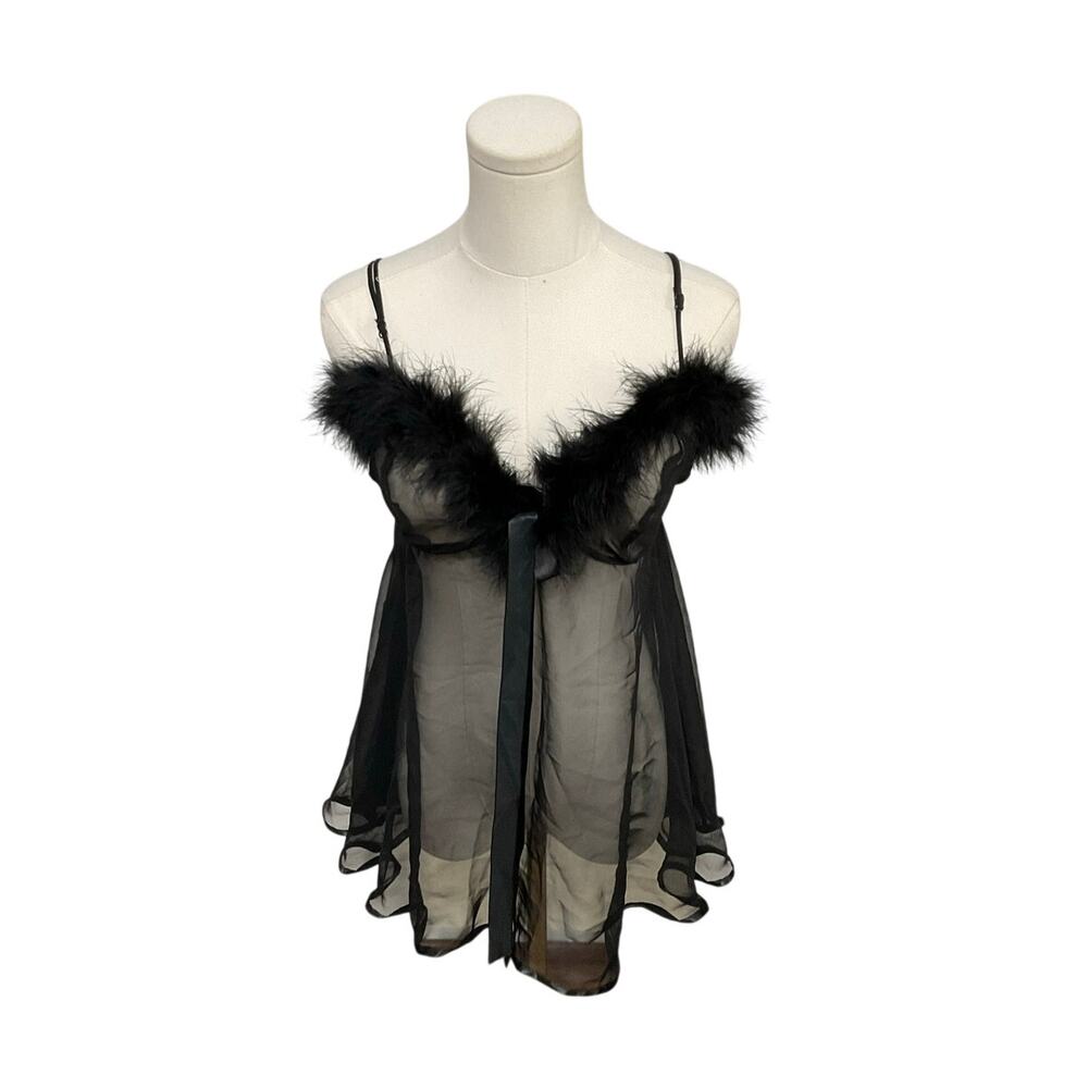 VTG 90s Fredericks of Hollywood Black Feathers Sheer Babydoll Slip Dress 1X Plus